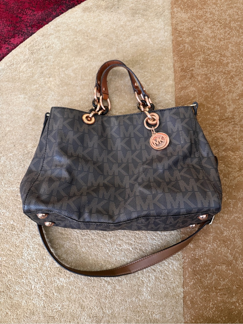Michael Kors Brown MK Logo Tote Bag Satchel with Gold Hardware